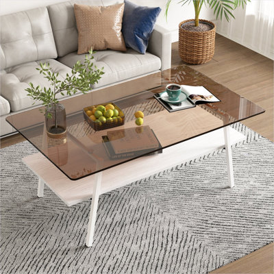 Table basse moderne moderne avec plateau en verre trempé brun, pieds en métal blanc