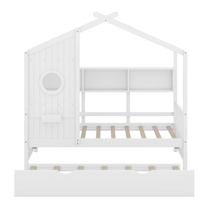 Lit en bois avec couchette et tablette de rangement Keyanna, Simple, Blanc