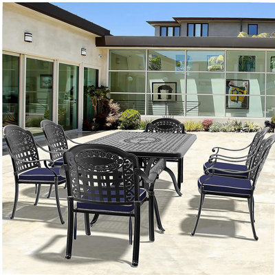 Ensemble de 7 pièces de mobilier de patio en aluminium coulé avec cadre noir et coussins bleus