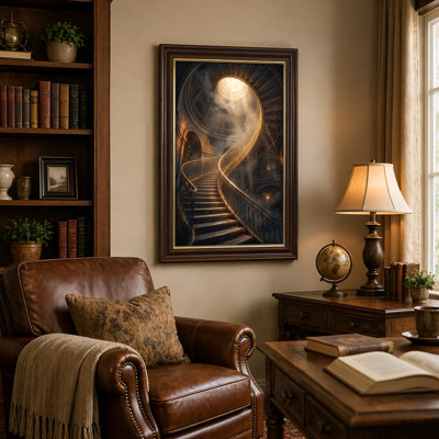 Art mural antique sur toile encadré doré pour le salon, la chambre à coucher, le bureau ou le vestibule - Décoration murale décorative avec escalier en colimaçon