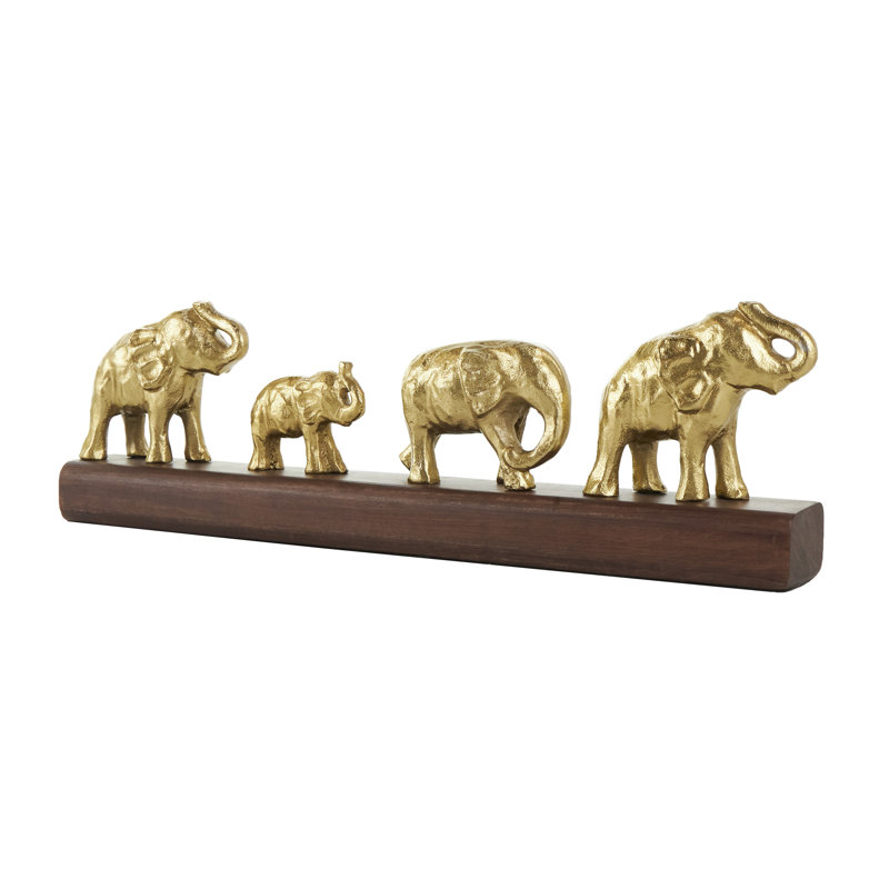 Seigle Aluminum Metal Elephant Decorative Gold Sculpture with Brown Wooden Base, 6.35" H x 20.55" W x 2.75" D
