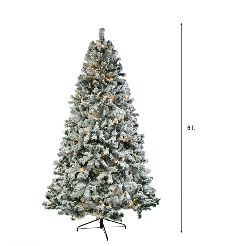 Flocked Green Artificial Christmas Tree With LED Lights, 6'