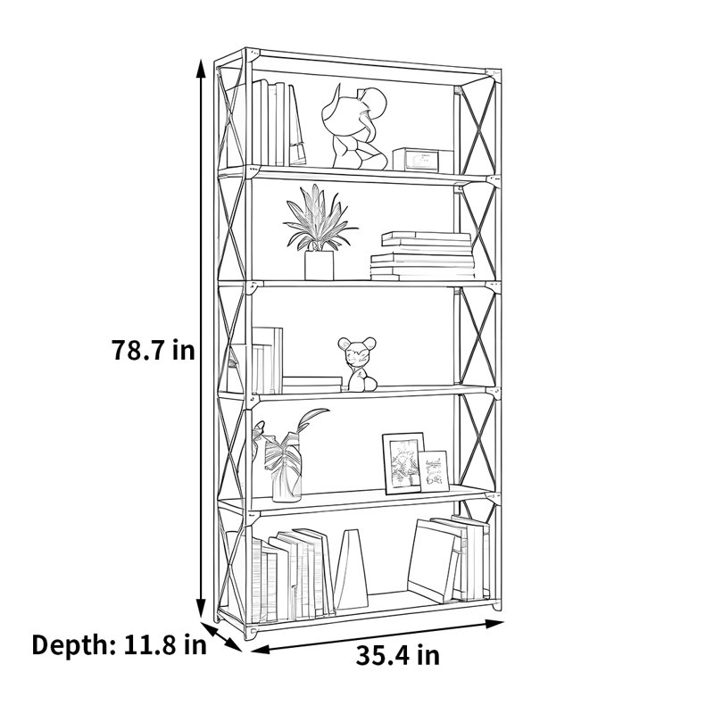 A simple and creative bookcase, (5 Shelves) 78.7"H x 35.4"W x 11.8"D, Black