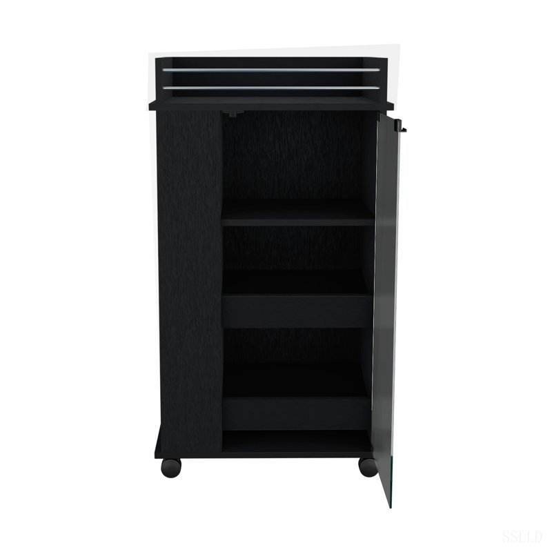 Bar Cart With Glass Door, 2-Side Shelves And Casters, Black