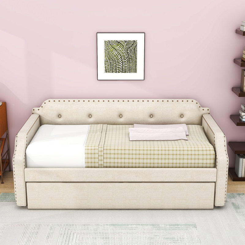Twin-Size Linen Upholstered Daybed with Twin Trundle and Slats, Beige
