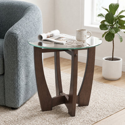 23.5" Round Glass Coffee Table with Cherry Wood Base for Living Room & Office