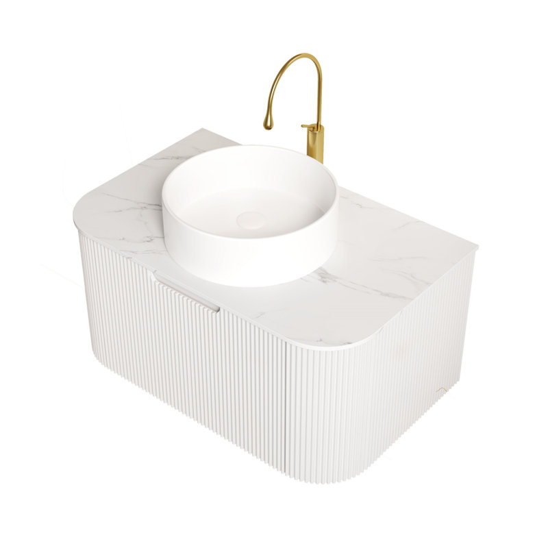 Ensemble de meuble-lavabo de 36 pouces, armoire de rangement flottante en contreplaqué avec lavabo rond en céramique blanche et comptoir en pierre frittée blanc de Carrare, blanc