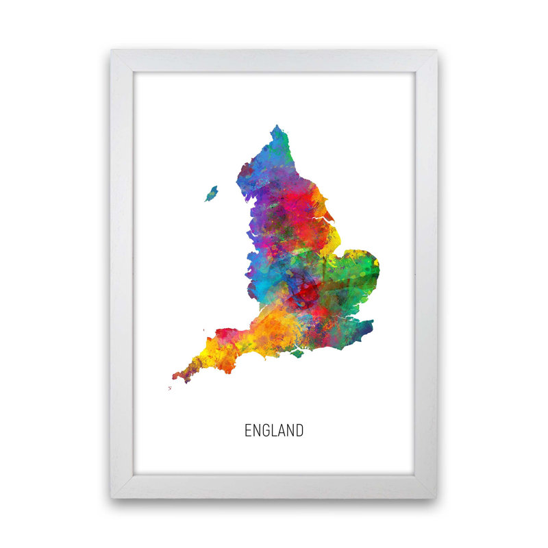 England Watercolour Map by Michael Tompsett - Print, 46cm H x 34cm W x 3cm D, White Framed