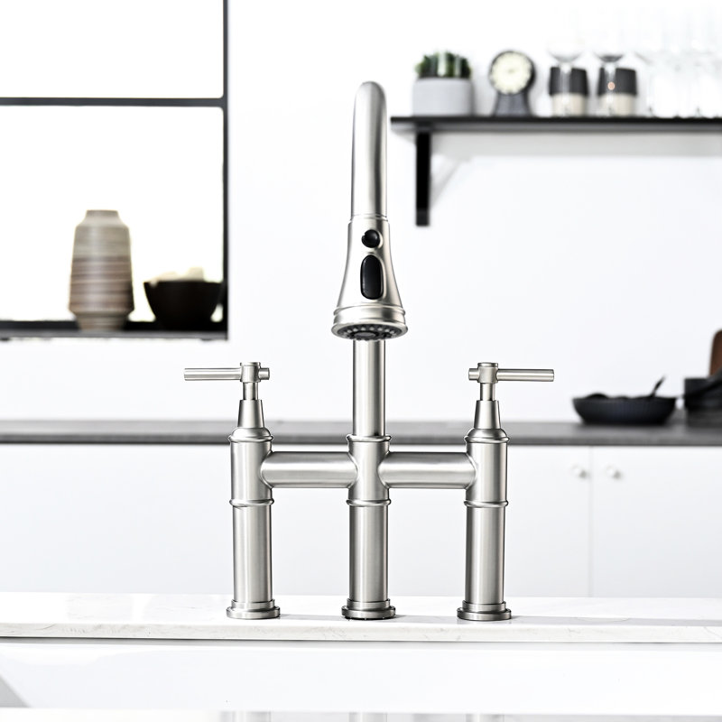 3 Hole Bridge Kitchen Faucet With Pull-Down, Brushed Nickel, 2 Handles, Stylish Design Nickel Sink Faucet, Pull-Down , Holes Efficient
