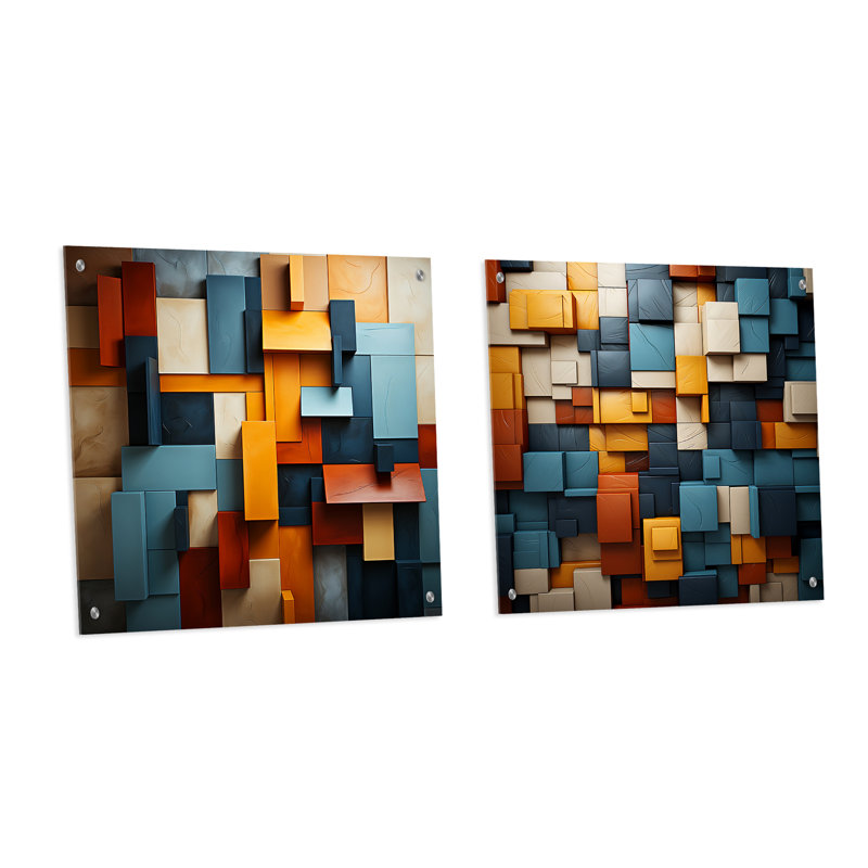 Cubist Harmony Tones Collage - Ensemble de 2 verres muraux en acrylique Cubism, H 36 po x l 73 po