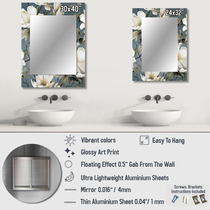 Grey And White Blossoms Orchid Lovely - Floral Unique Wall Mirror, Floral Mirror, Printed Metal Art, 32" x 24"