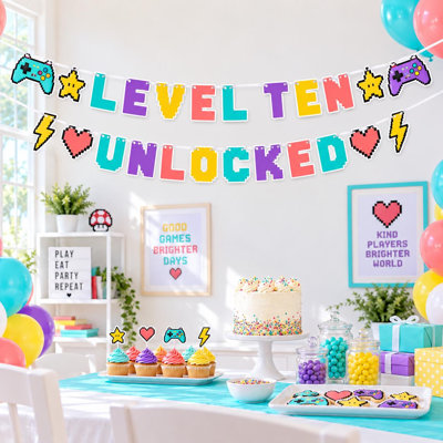 Level Ten Unlocked Birthday Banner, 10th Birthday Party Decor, Cardstock Garland
