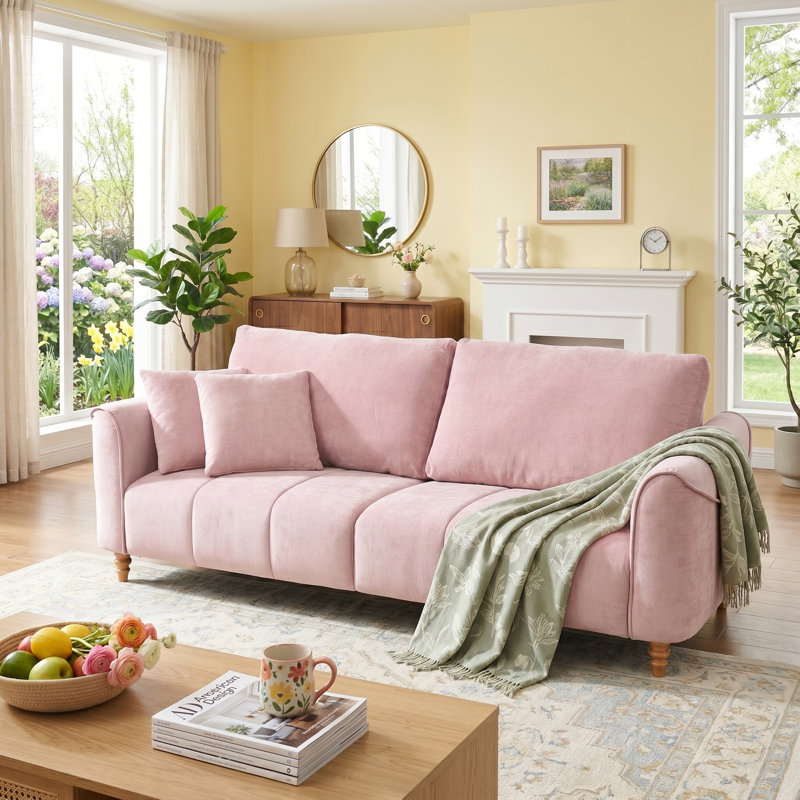 87" Modern Flared Arm Textured Linen Sofa, Pink