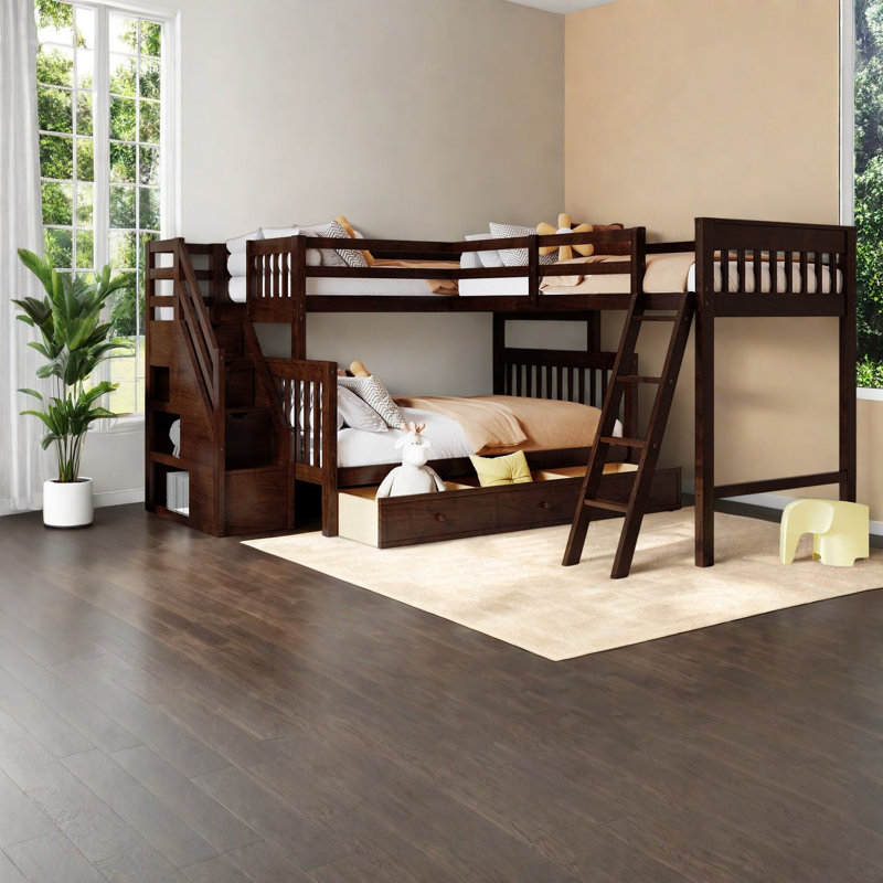 Lit simple en L en bois massif avec rangement et rangement