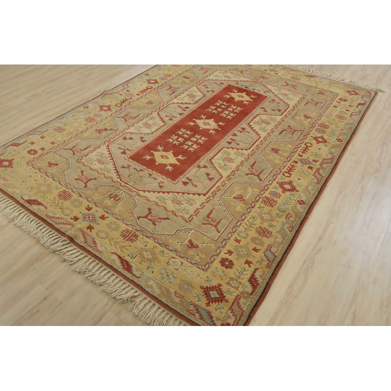 Tapis en laine ivoire/rouge 6 pi 8 po x 9 pi 1 po one-of-kind à la main noué la Ackles