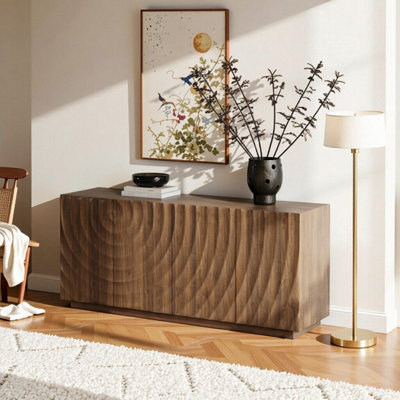 Elegant 4-Door Walnut Buffet Cabinet with Storage – Modern Farmhouse Sideboard for Kitchen & Living Room