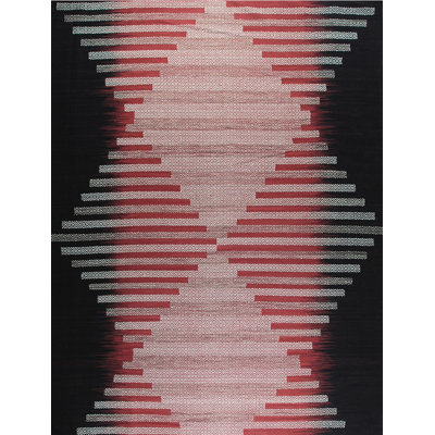 Black Flat Weave Wool Hourglass Motif Geometric Modern Contemporary Carpet Rug