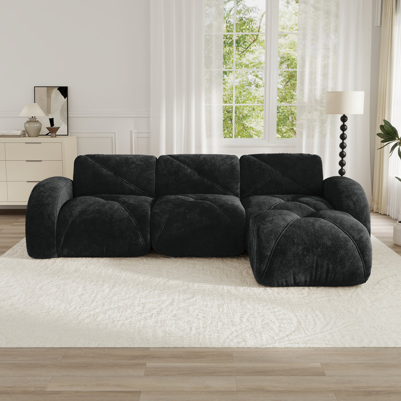Boneless L-Shaped Soft Velvet Fabric Sofa, 32D High-Density Foam, No-Assembly Base, Non-Slip Design, Movable Ottoman Suitable For Living Rooms.