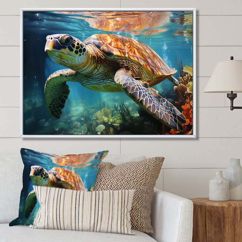 Tortue verte et bleue, animaux marins, art mural, H 12 po x l 20 po x P 1 po, Cadre flottant blanc