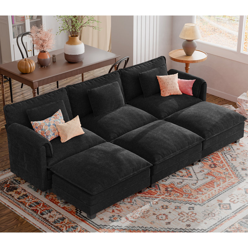 Canapé modulaire 6 pièces 116 po 6 pièces avec assise profonde et canapé 3 places avec repose-pieds amovible - tissu chenille - noir