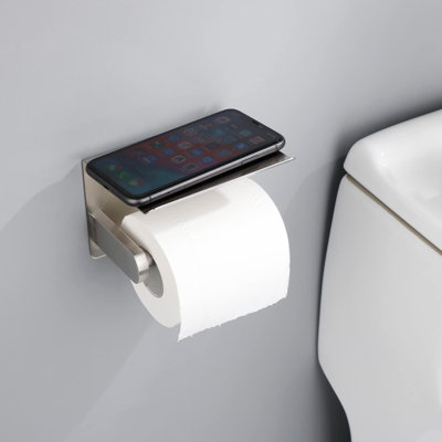 Wall-Mounted Toilet Paper Holder With Phone Shelf - Durable Stainless Steel Bathroom Organizer With Adhesive Or Screw Installation