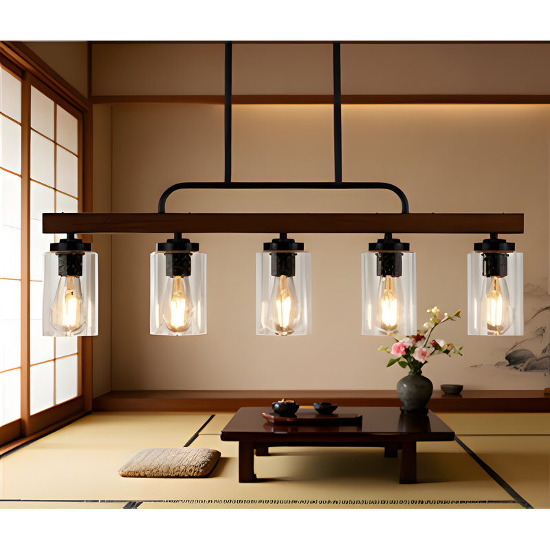 Luminaire suspendu en bois à 5 lumières avec abat-jour en verre bullé Farmhouse Chandelier
