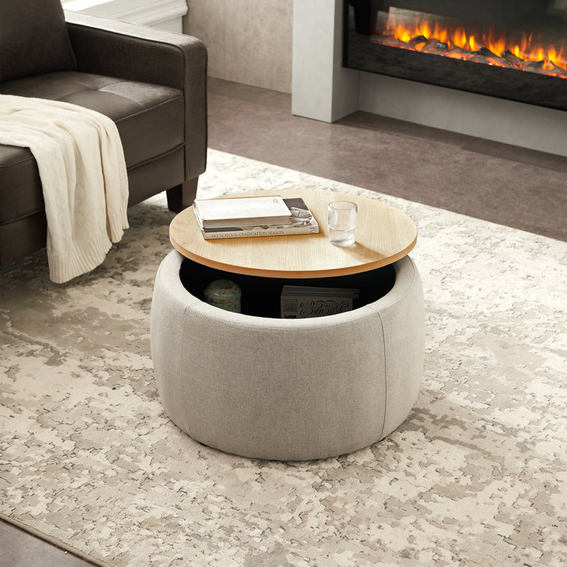 Dariyan Round Storage Ottoman, Light Gray Linen