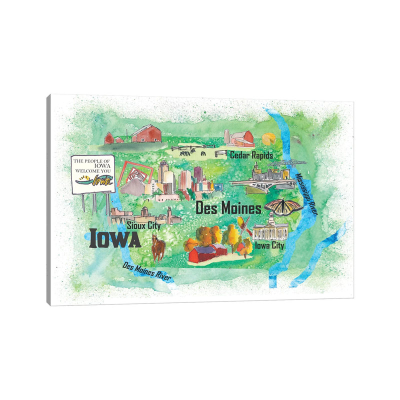 USA, Iowa Illustrated Travel 1 Piece Wrapped Canvas Wall Art, 66.04 cm H x 45.72 cm W x 3.175 cm D