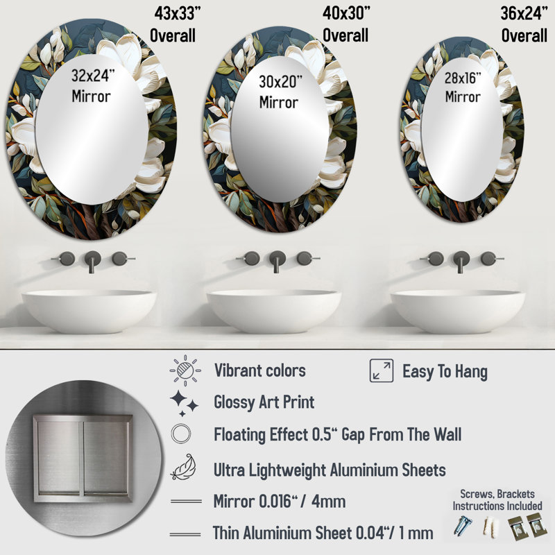 Miroir mural ovale blanc et jaune Magnolias, 40 po x 30 po