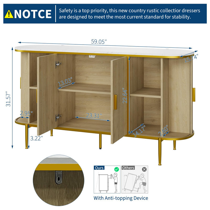 Buffet 50 po moderne avec rangement, console de bar Mid-Century cannelée avec plateau en faux marbre, portes coulissantes à profil courbé pour la cuisine, le salon et le vestibule