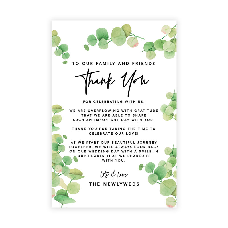 Ensemble de 56 cartes de table de remerciement pour mariage, eucalyptus, table de réception, assiettes, famille, amis