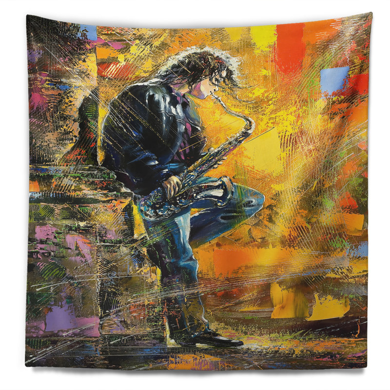 Homme avec tapisserie de saxophone, H 50 po x l 60 po
