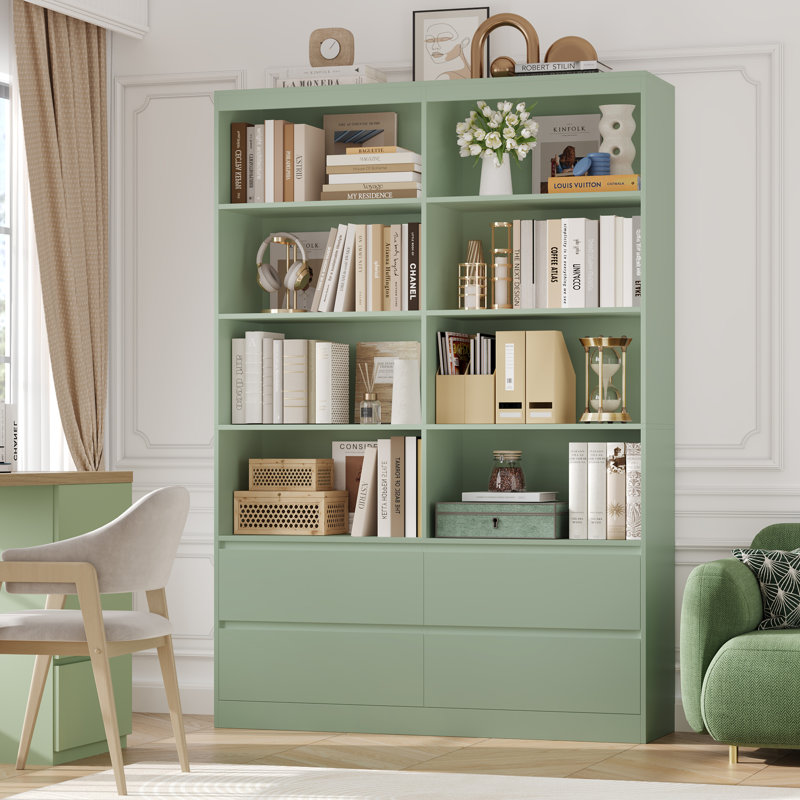 Bibliothèque 70 "H 70,9" x l 47,2 "à 4 niveaux avec 4 tiroirs de rangement, Vert