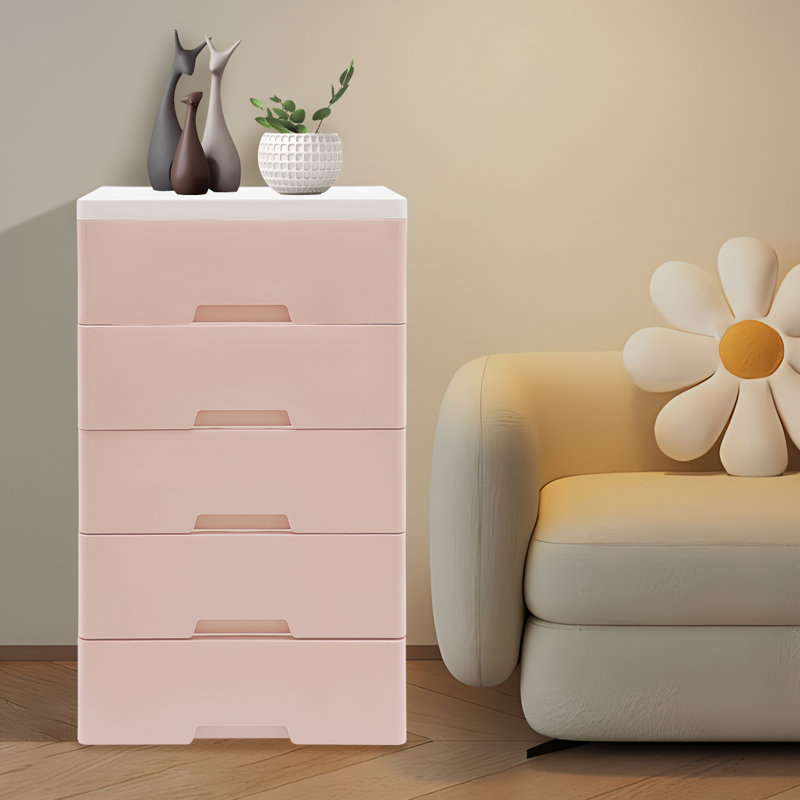 Commode 5 tiroirs avec rangement, Rose