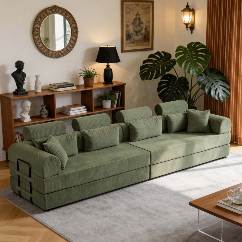 Canapé modulaire en forme de L, canapé modulaire compressé en velours côtelé de style minimaliste moderne, se déplie en un lit, une chambre à coucher, un canapé compressé confortable et peu encombrant (vert grisâtre)