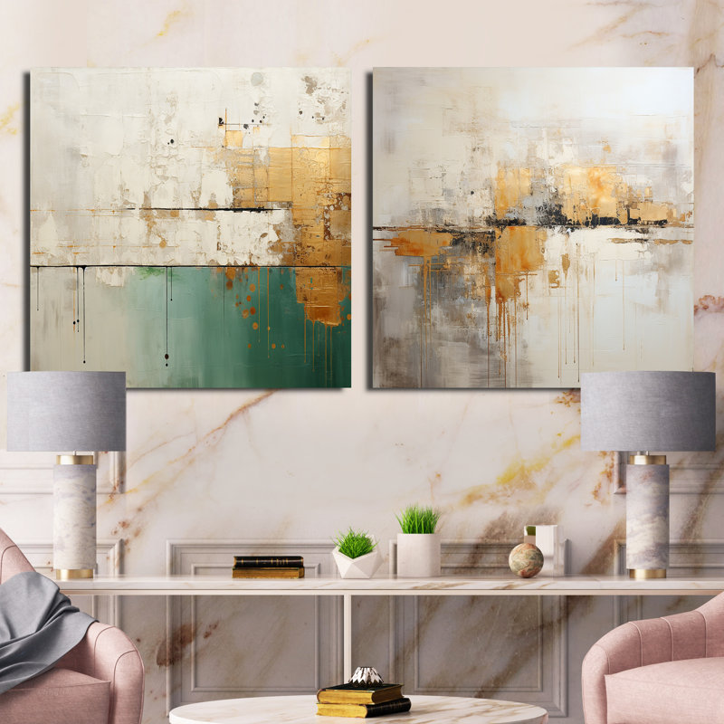 Minimalisme doré et bleu sarcelle Horizon II - ensemble de 2 collages carrés abstraits, H 36 po x l 73 po, Toile tendue