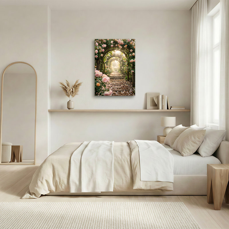 «Rose and Peach Rose Arches Sunlit Garden Path», art mural sur toile, H 48 po x l 36 po