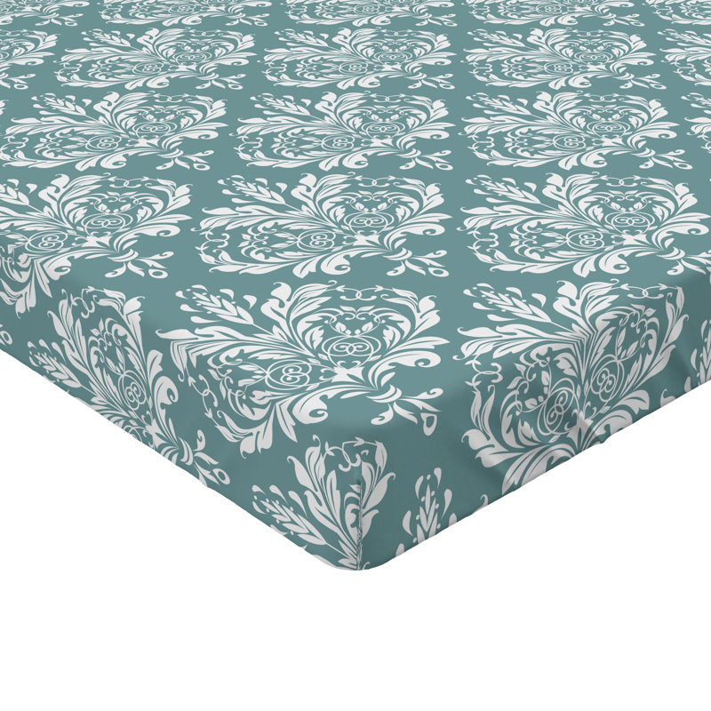 Ambesonne Nature Fitted Sheet Leaves Botanical Style Art, Twin Fitted Sheet, Cadet Blue/White Damask