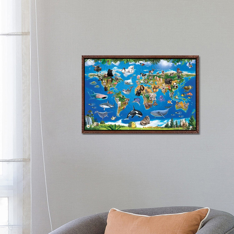 Animal Club World Map by P.D. Moreno - Print on Canvas, 66.04 cm H x 45.72 cm W, Classic Brown Wood Framed