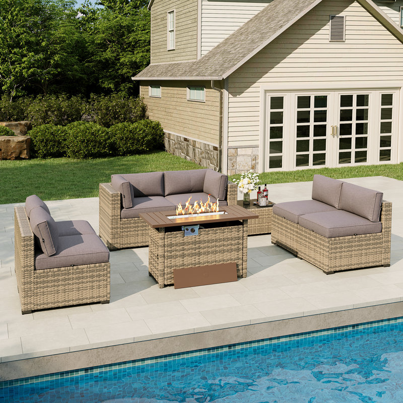 8-Piece Patio Furniture Set with Propane Gas Fire Pit Table, Gray, Yellow