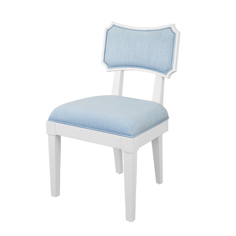 Bow Back Dining Chair In Matte White Lacquer With Performance Light Blue Linen Upholstery