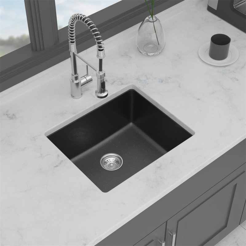 Évier de cuisine en quartz - Évier de bar encastrable en composite de granit noir 21 po x 18 po x 9,65 po