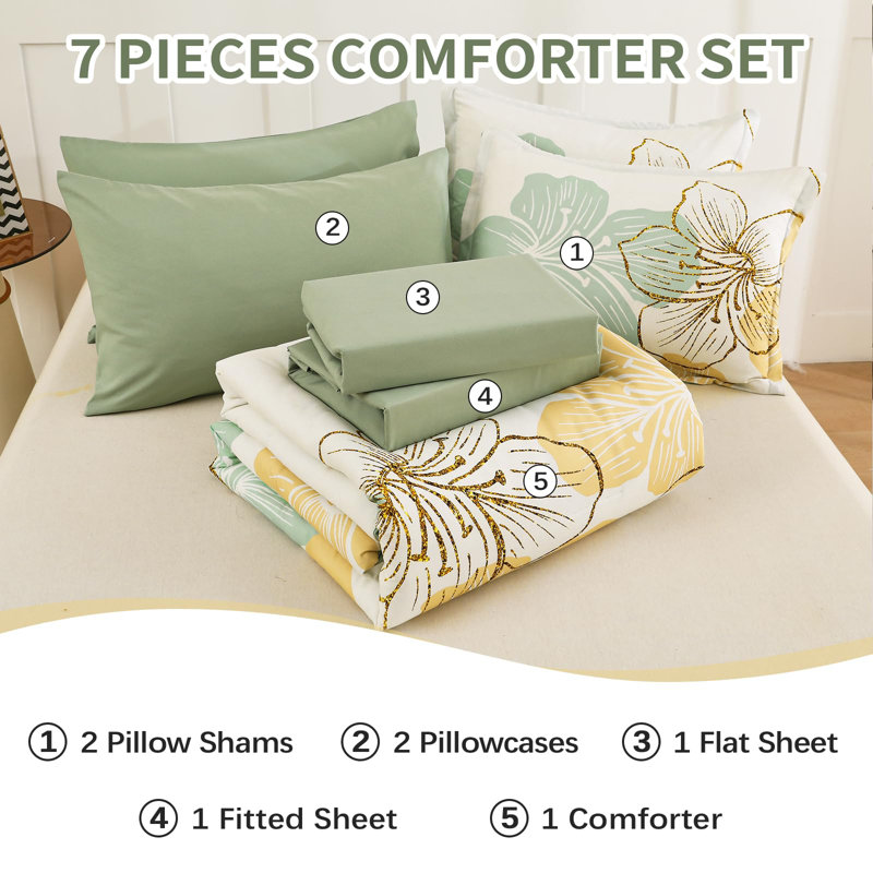 7 Piece Floral Comforter Set Soft Microfiber Bedding Set with Sheets for All Seasons, Gold