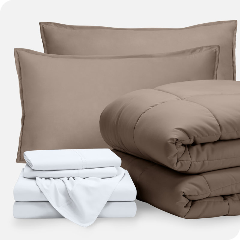 Microfiber Bed-In-A-Bag, Taupe/White, Split King Head Flex Comforter + 6 Additional Pcs