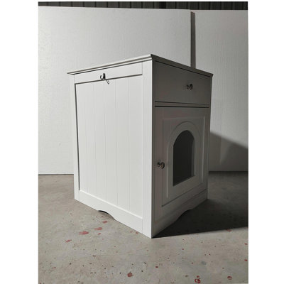 Wooden pet house cat litter box storage cabinet, with drawers, side table, indoor pet cage, cat home bedside cabinet (white)