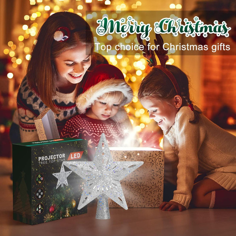 Christmas Tree Topper Lighted With 6 Projection Modes,Christmas Star Tree Topper Built-In LED Rotating Lights,Sliver 3D Glitter Dynamic Projection For Xmas Party Holiday Decorations