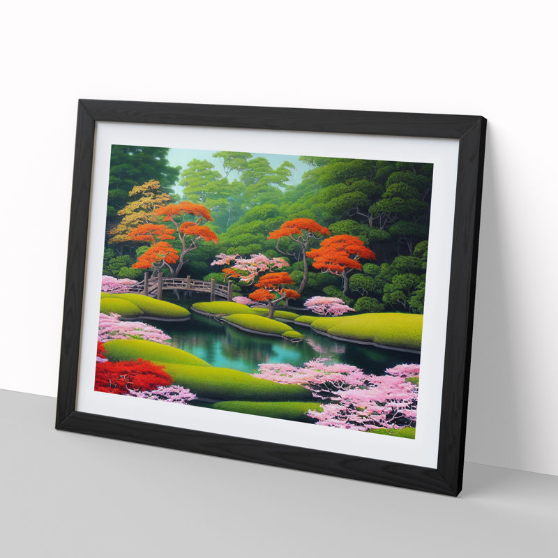Japanese Garden Pond - Single Picture Frame Print, Black, 46cm H x 64cm W x 2cm D
