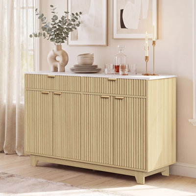 Buffet 47 po avec rangement cannelé, armoire de rangement Credenza avec tablettes réglables, armoire d'appoint avec tiroirs, console média pour le salon, la salle à manger, chêne naturel