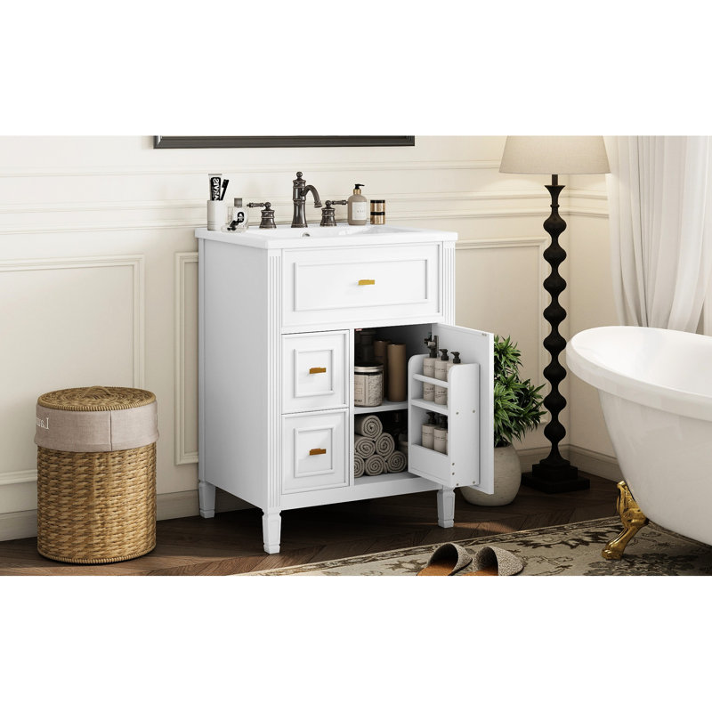 Meuble-lavabo 24 po avec lavabo, tiroir en bois massif et un tiroir rabattable, deux tiroirs, une tablette réglable, de grands compartiments de rangement, une protection anti-débordement, des poignées en métal doré