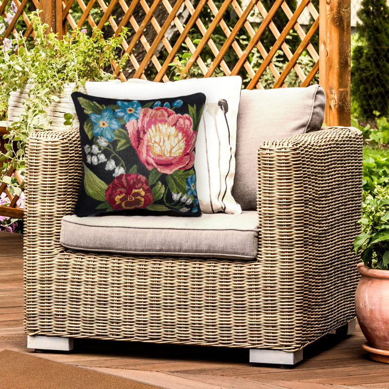 Black Floral Indoor/Outdoor Round Throw Pillow